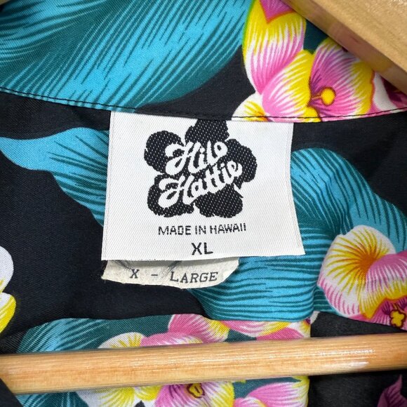 Hilo Hattie Black Pink Floral Hawaiian Button Front Shirt Size XL Vintage Aloha‎ - Picture 3 of 12